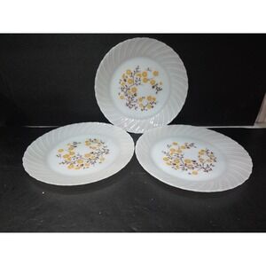 Termocrisa White Milk Glass Dinner Plates, Yellow Floral Plates, MCM, Set Of‎ 3